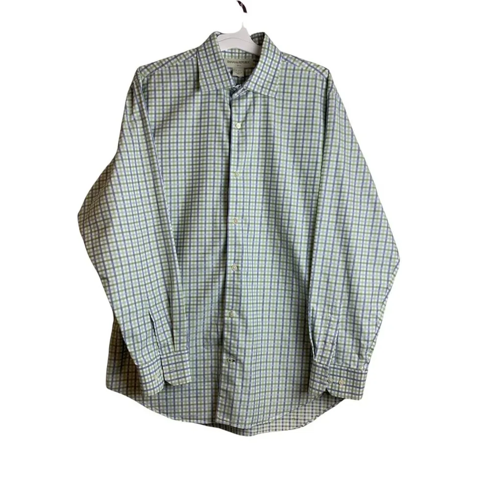 Banana‎ Republic Plaid Blue Green Dress Shirt Button Up Men's Large 16-16.5